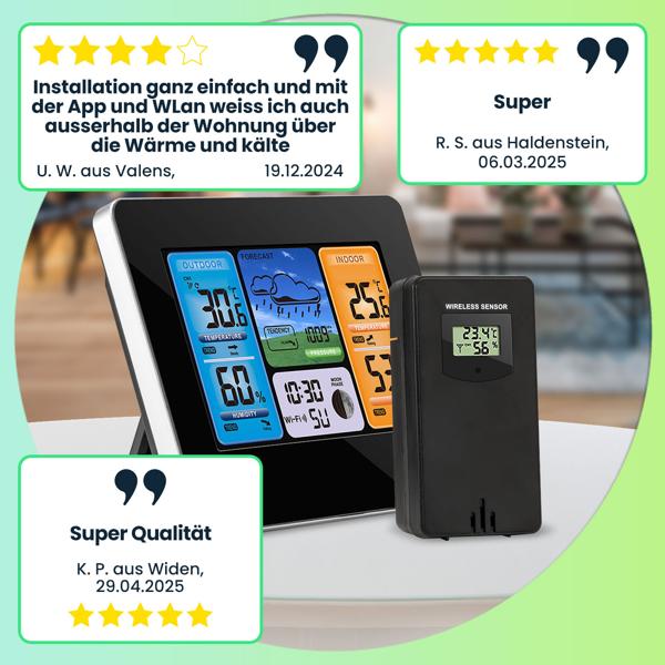 Moderne WLAN Wetterstation, Aussenfühler, Farbdisplay, Uhr, Wettertendenz, Luftfeuchtigkeit. App-Analyse für Wetterhistorie. Präzise Wetterdaten