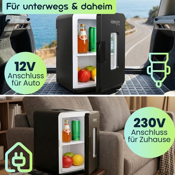 Mobiler Mini Kühlschrank 14L mit Kühl- und Wärmfunktion - Kleiner Auto Kühlschrank 12V 230V, Mini Fridge mit Sichtfenster & Tragegriff, Schwarz