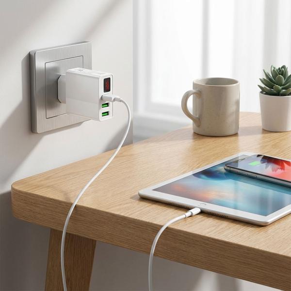Smart USB-A charger, 3 ports with LED display in white – powerful, compact, universal & reliable