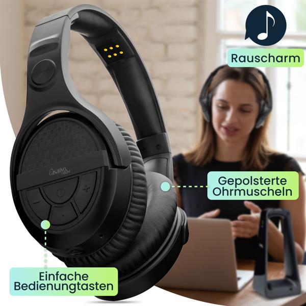 Digitaler Stereo-Funk-Kopfhörer mit 2-in-1 Funk- & Ladestation – kabellos, 30 m Reichweite, kristallklarer Sound, bequem & leicht, schwarz