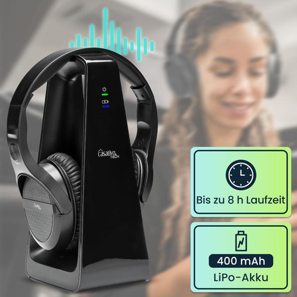 Digitaler Stereo-Funk-Kopfhörer mit 2-in-1 Funk- & Ladestation – kabellos, 30 m Reichweite, kristallklarer Sound, bequem & leicht, schwarz