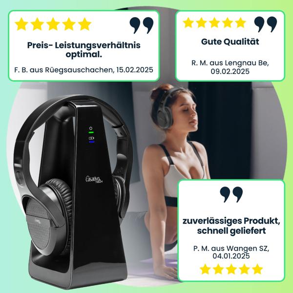 Digitaler Stereo-Funk-Kopfhörer mit 2-in-1 Funk- & Ladestation – kabellos, 30 m Reichweite, kristallklarer Sound, bequem & leicht, schwarz