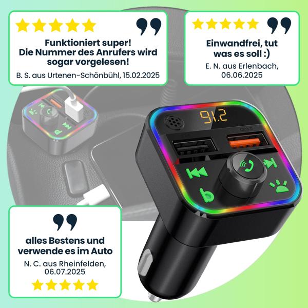 FM Transmitter mit Bluetooth 5 und Freisprechfunktion, USB-A Ladeports, Drahtloser AutoRadio Adapter m. Media Player für den Zigarettenanzünderanschluss
