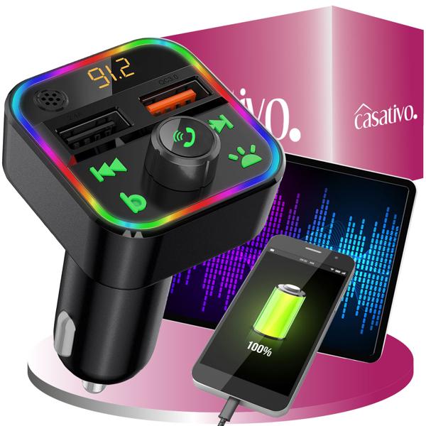 FM Transmitter mit Bluetooth 5 und Freisprechfunktion, USB-A Ladeports, Drahtloser AutoRadio Adapter m. Media Player für den Zigarettenanzünderanschluss