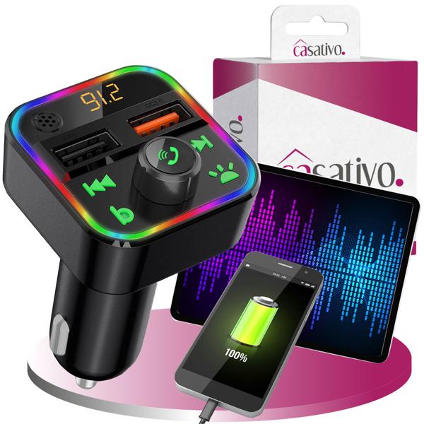Trasmettitore FM con Bluetooth 5 e funzione vivavoce, porte di ricarica USB-A, adattatore autoradio wireless con lettore multimediale per la presa accendisigari
