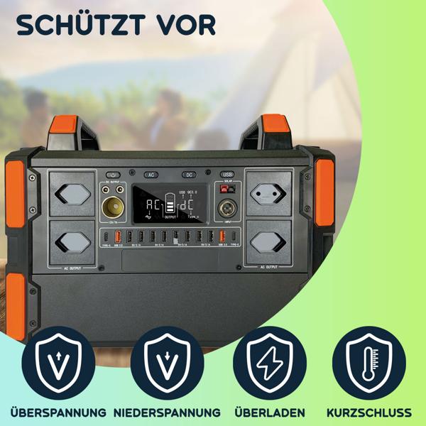 Swiss-Edition Powerstation & Solar-Konverter, 327Ah, 1048Wh, 1000W, mobiler Energiespeicher mit 230V, 12V & USB – ideal für Camping & Notstrom
