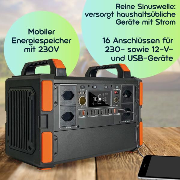 Swiss-Edition Powerstation & Solar-Konverter, 327Ah, 1048Wh, 1000W, mobiler Energiespeicher mit 230V, 12V & USB – ideal für Camping & Notstrom
