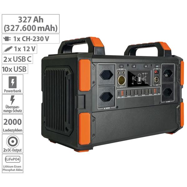 Swiss-Edition Powerstation & solar converter, 327Ah, 1048Wh, 1000W, mobile energy storage with 230V, 12V & USB - ideal for camping & emergency power