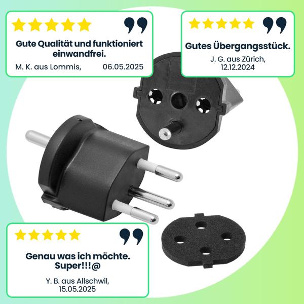 Fixadapter CH Typ12 / Schuko für 3-polige Stecker - Sicher & Hochwertig - Dauerhafter Betrieb in der Schweiz - 10A / 250VAC - Nicht demontierbar