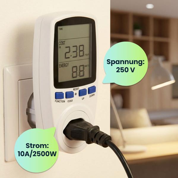 Energiekostenmessgerät digital mit Doppeltarif – Stromverbrauchsmessgerät bis 2500W – Präzises Messen von Volt, Watt & Ampere
