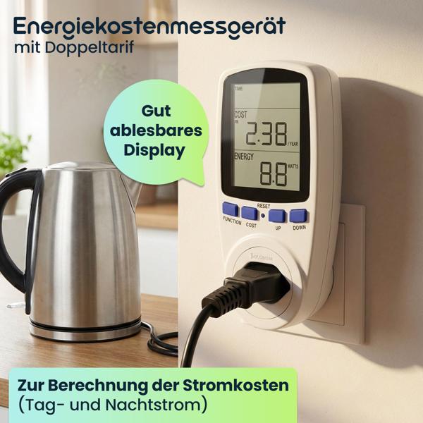 Energiekostenmessgerät digital mit Doppeltarif – Stromverbrauchsmessgerät bis 2500W – Präzises Messen von Volt, Watt & Ampere