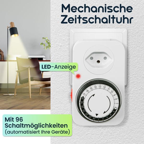 Mechanische Zeitschaltuhr mit Kinderschutz – Timer für die Steckdose mit 96 Schaltmöglichkeiten – Perfekt für Beleuchtung, Bewässerung & Aquarium