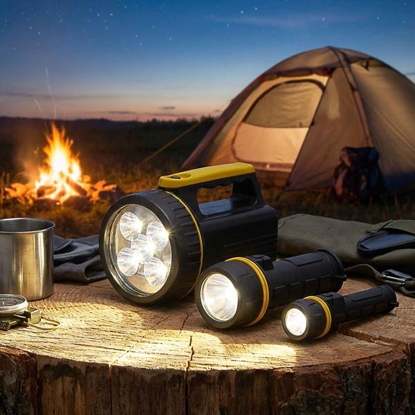 Practical LED flashlight set of 3 (1/3/5W), black/yellow - Versatile helpers for home, car & outdoor use