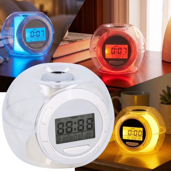 Tischwecker - LED-Beleuchtung, Farbwechsel & Naturgeräusche - Uhr, Datum, Weckfunktion, Innentemperaturanzeige - Kompakt, weiss/transparent