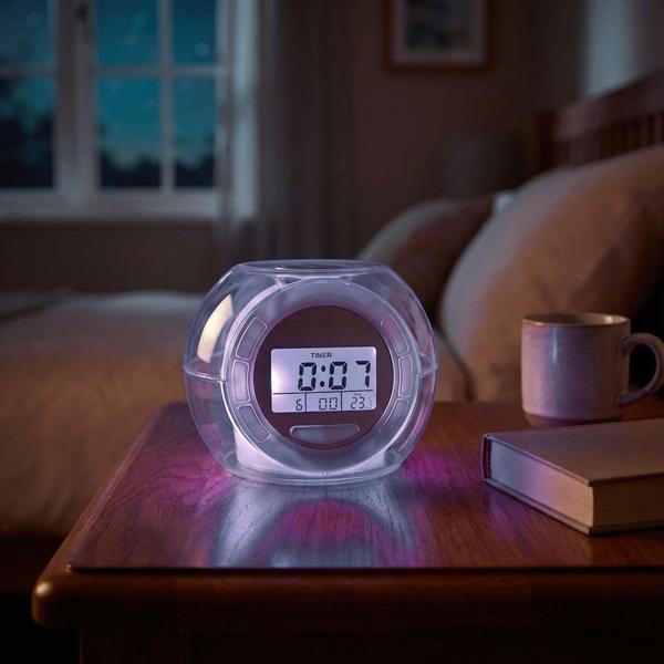 Tischwecker - LED-Beleuchtung, Farbwechsel & Naturgeräusche - Uhr, Datum, Weckfunktion, Innentemperaturanzeige - Kompakt, weiss/transparent