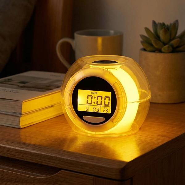 Tischwecker - LED-Beleuchtung, Farbwechsel & Naturgeräusche - Uhr, Datum, Weckfunktion, Innentemperaturanzeige - Kompakt, weiss/transparent