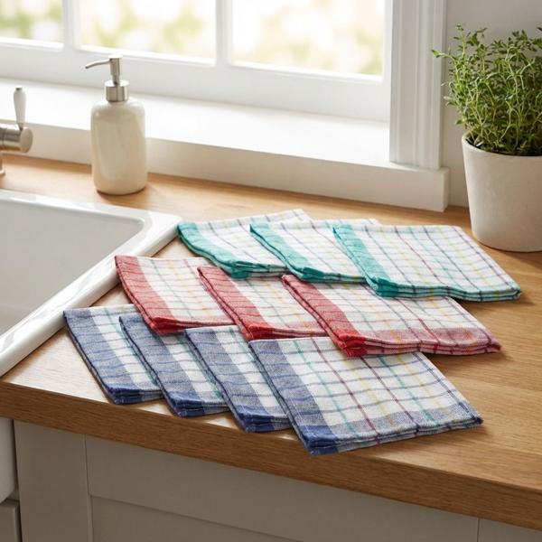 Lot 10 torchons cuisine coton - Motif carreaux rétro très absorbants - 50x70 cm, lavables 60°C - Idéal vaisselle & ménage