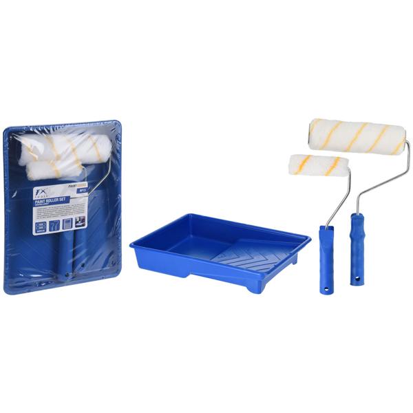 Paint roller set, 5 pieces, 1 tray and 2 handles with 2 rollers 10 and 18 cm long