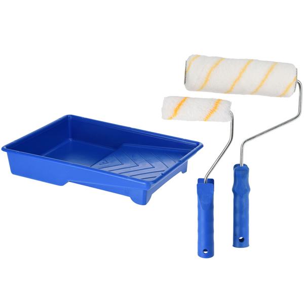 Paint roller set, 5 pieces, 1 tray and 2 handles with 2 rollers 10 and 18 cm long