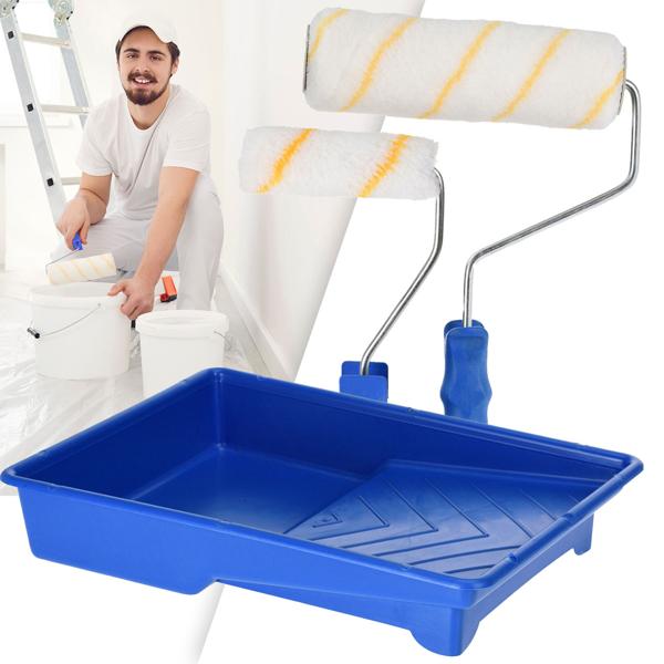 Paint roller set, 5 pieces, 1 tray and 2 handles with 2 rollers 10 and 18 cm long