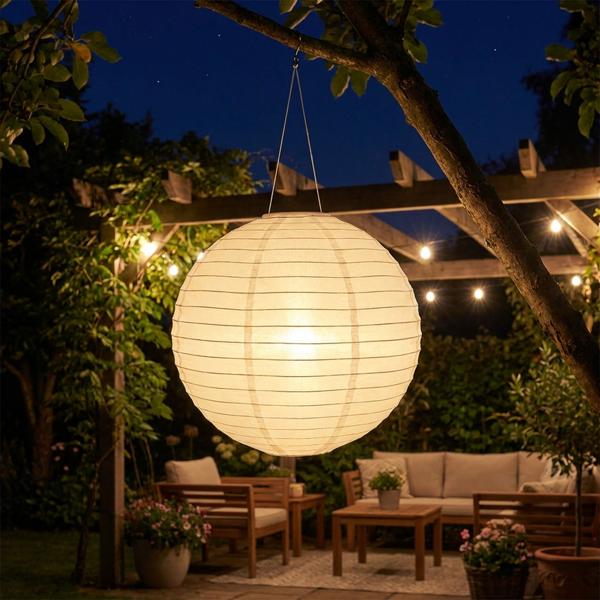 Solar light, sphere shape, Ø 40 cm, white, incl. hanging device – lantern for garden & balcony – Safe, solar-powered, robust nylon, warm white light