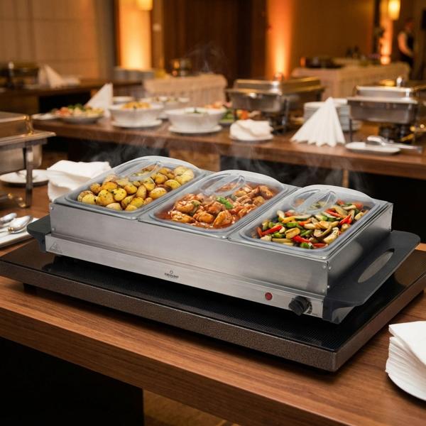 Elektrischer Speisewärmer - Heizplatte & 3x 2L Edelstahl Behälter - 40-60°C Temperatur, 300W, 53x35x10cm - Für Buffets, Catering, Partys