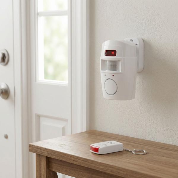 Motion detector with alarm function and two remote controls, 105 dB, wireless intrusion protection with loud alarm