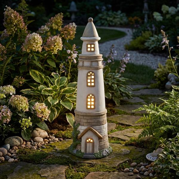 Solarlampe Leuchtturm grau-weiss - Dekofigur 71cm für Garten, Balkon - Maritimes Flair, wetterfest- Solarlicht mit Akku-Batterie