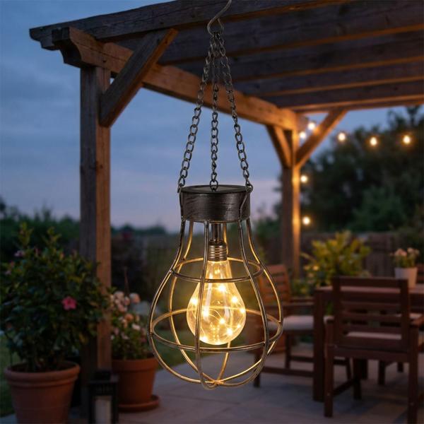 Industrial solar lamp made of metal, pendant light, hook: (18.5x18.5x27 cm), for garden, balcony, terrace, vintage look, durable