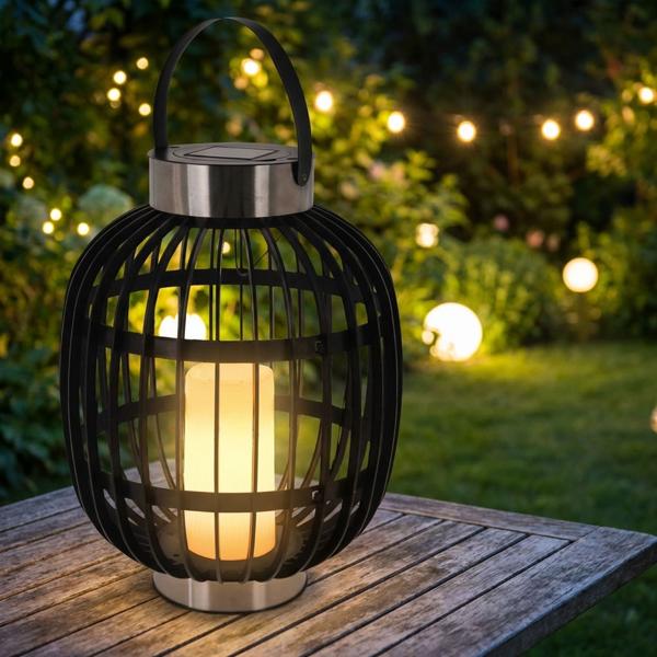 Elegante lanterna da giardino solare effetto rattan: anelli in acciaio inox, candela LED, 35x45 cm, nero – illuminazione decorativa da esterno