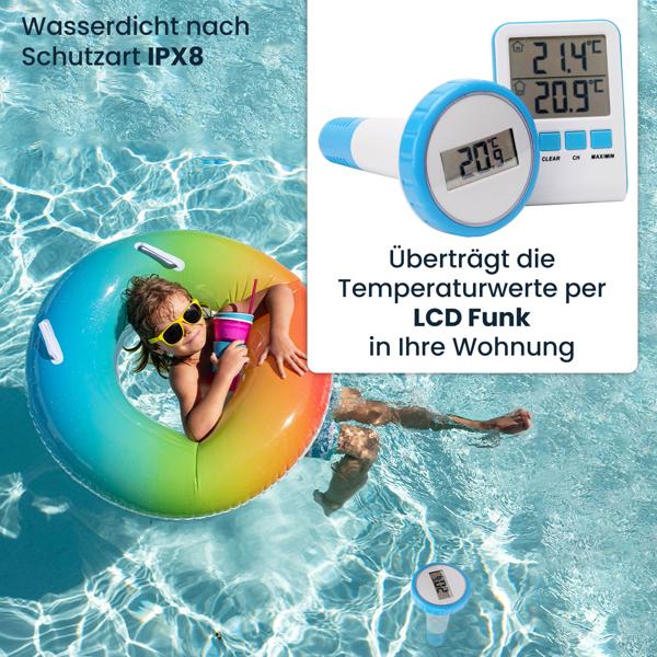 2er-Set Digitales Funk-Poolthermometer mit LCD-Basisstation - Präziser IPX8 Sender für Teich & Pool - Funk-Reichweite 60m - 433 MHz - Bis zu 3 Thermometer