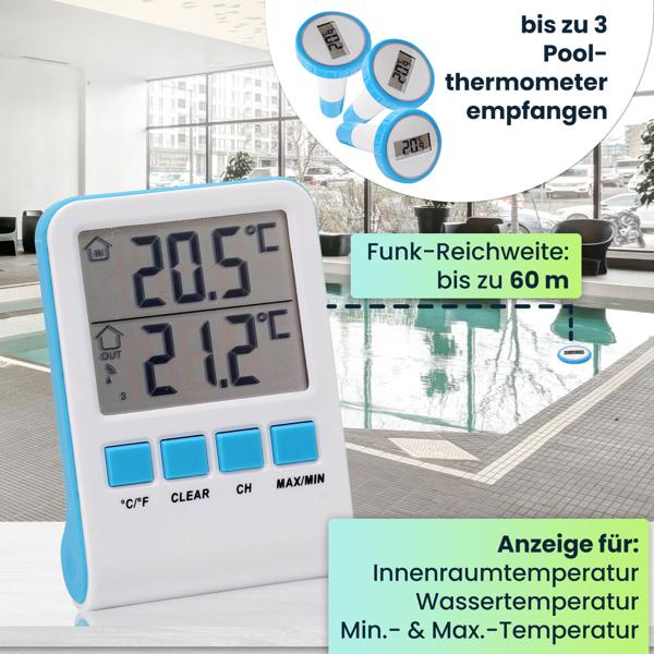 2er-Set Digitales Funk-Poolthermometer mit LCD-Basisstation - Präziser IPX8 Sender für Teich & Pool - Funk-Reichweite 60m - 433 MHz - Bis zu 3 Thermometer