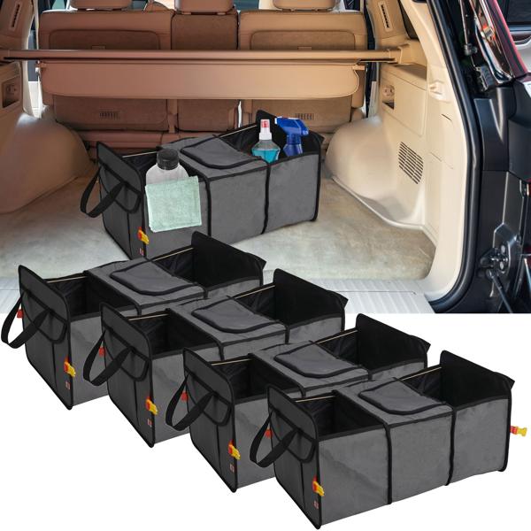 set of 4 car trunk bags with insulated cooler compartment, 3 compartments (gray-black) - Foldable, robust - ideal for shopping, picnics, transport