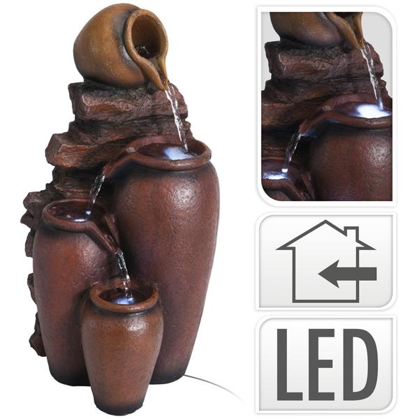Fontana rilassante ad anfora per interni con LED, 21,5 cm - design in pietra naturale, pompa silenziosa, brocche marroni, atmosfera pura