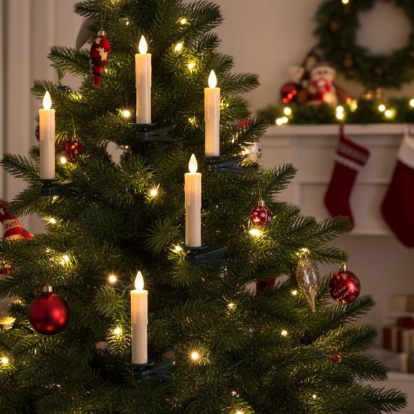 20er LED-Weihnachtsbaum-Kerzen-Set - Kabellose 10cm Christbaumkerzen mit Flacker-Effekt & Fernbedienung - Timer (6h) - Grüne Krokodilklemme