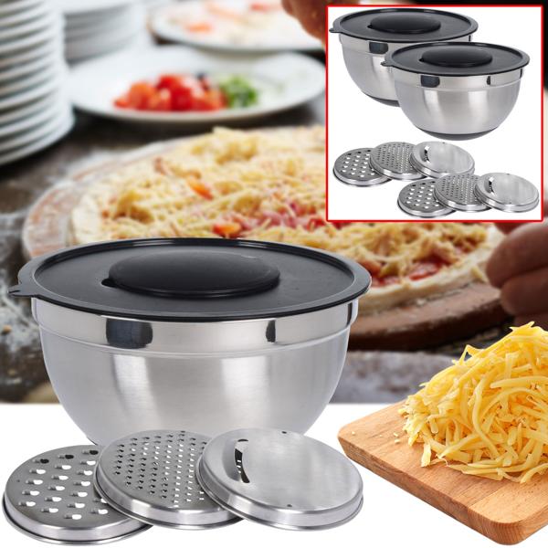 set of 2 stainless steel grating bowls with 3 graters and lid