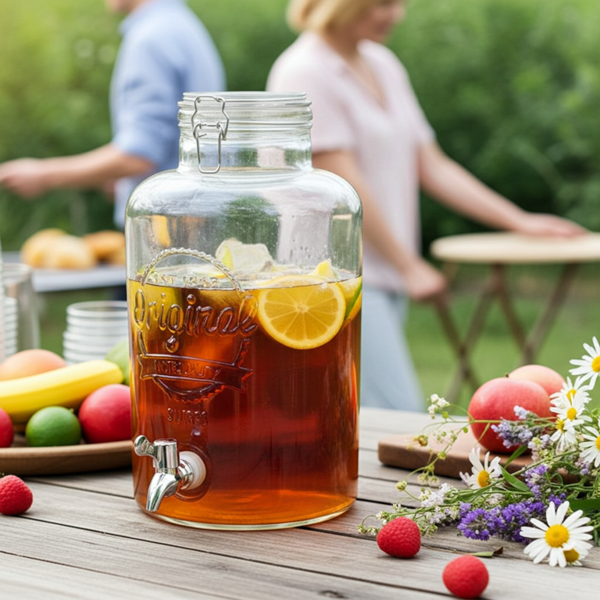 Set of 2 glass beverage dispensers – with tap and lid – 8 L capacity – ideal for parties & garden celebrations – insect-proof