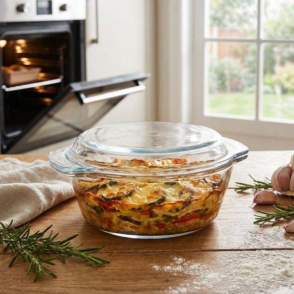 Plat à gratin en verre avec couvercle rond 1000 ml – Résistant à la chaleur jusqu’à 240°C – Compatible lave-vaisselle & micro-ondes – Pour cuire au four, servir & congeler