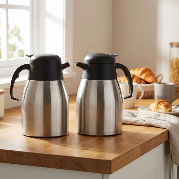 2er-Set Doppelwandige Isolierkanne - Edelstahl 1,5L - Hält Getränke 6h warm/kalt - Ideal für Reise, Arbeit, Freizeit & festliche Anlässe - Einhand-Automatik