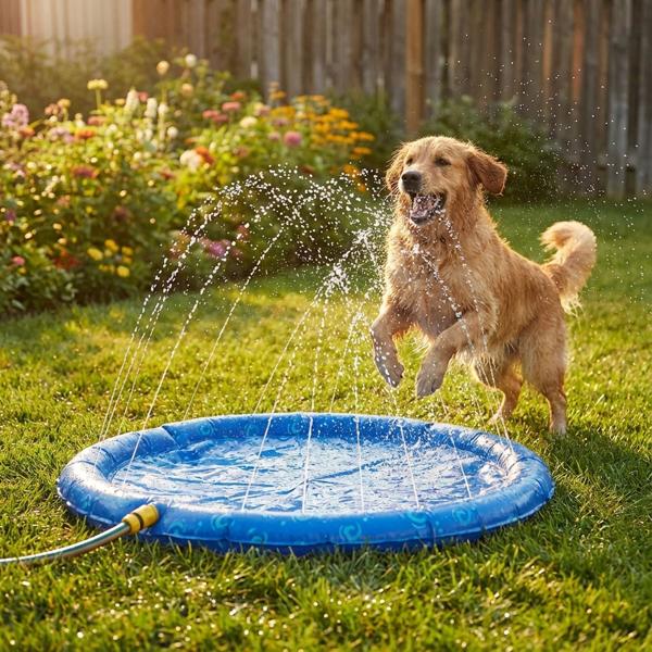 Tapis d‘eau rafraîchissant pour chien, Ø 90 cm, bleu – tapis pulvérisateur avec raccord pour tuyau d‘arrosage – pour un plaisir estival rafraîchissant