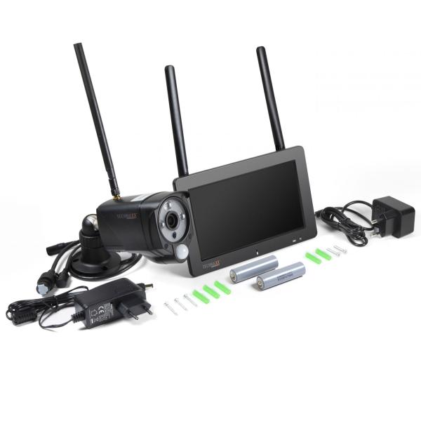 Système de caméra sans fil pour l‘extérieur, écran 7“, WLAN 2,4 GHz, caméra Full HD, transmission en direct par smartphone, vision nocturne, IP56
