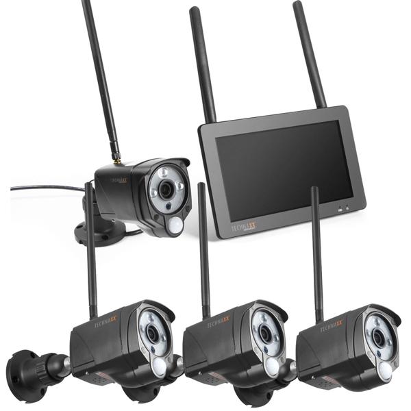 Full HD wireless surveillance camera set: 4 weatherproof IP cameras, 7“ touchscreen & app live view. Reliable surveillance for your home