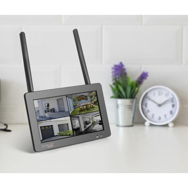 Full HD wireless surveillance camera set: 4 weatherproof IP cameras, 7“ touchscreen & app live view. Reliable surveillance for your home