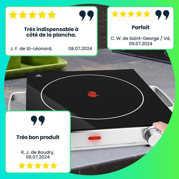 2 plaques de cuisson vitrocéramique mobiles, corps en inox et chaleur infrarouge, Ø 20 cm, 2000 W, température réglable en continu, transport facile