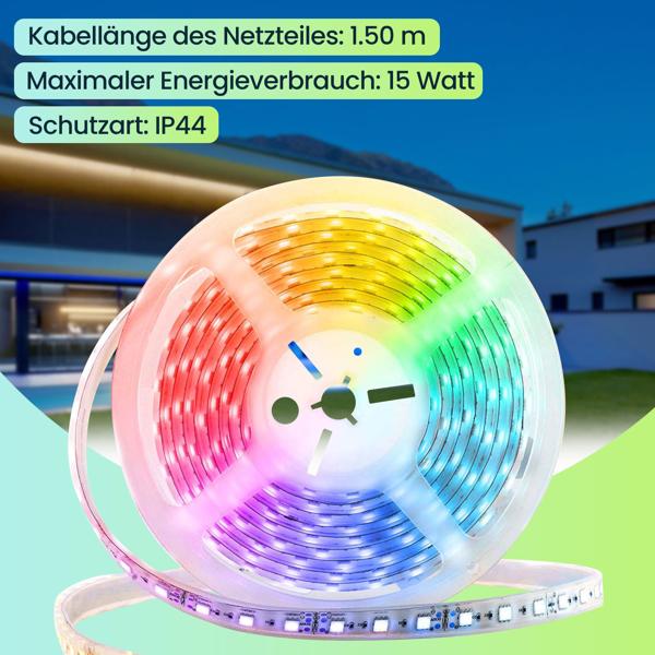 Smart LED Lichtband 5 m mit App-Steuerung, warmweiss/kaltweiss/RGB, dimmbar, flexibles & selbstklebendes Design, ideal für stilvolle Beleuchtung