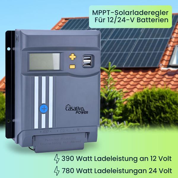 MPPT Solar-Laderegler f. 12V & 24V Batterien, 30A, LCD-Display, 2 USB-Ports, Überspannungsschutz, Solar Ladegerät Controller Solarmodule/Solar Panels