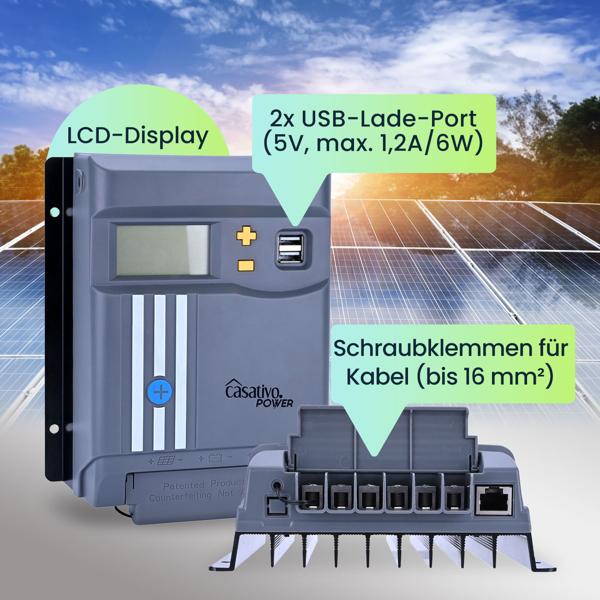 MPPT Solar-Laderegler f. 12V & 24V Batterien, 30A, LCD-Display, 2 USB-Ports, Überspannungsschutz, Solar Ladegerät Controller Solarmodule/Solar Panels