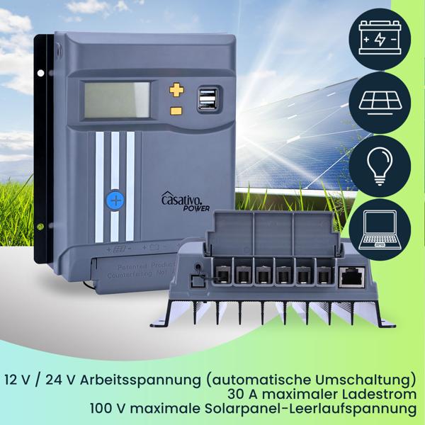 MPPT Solar-Laderegler f. 12V & 24V Batterien, 30A, LCD-Display, 2 USB-Ports, Überspannungsschutz, Solar Ladegerät Controller Solarmodule/Solar Panels