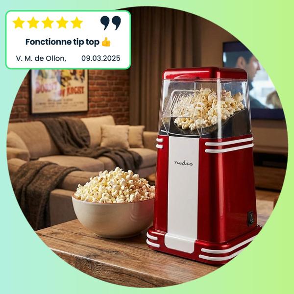 Machine à Pop-corn Rétro Rouge-Blanc - Préparation Rapide à Air Chaud sans Matière Grasse - 1200W - 15x29x17cm - Idéale Fêtes Cinéma