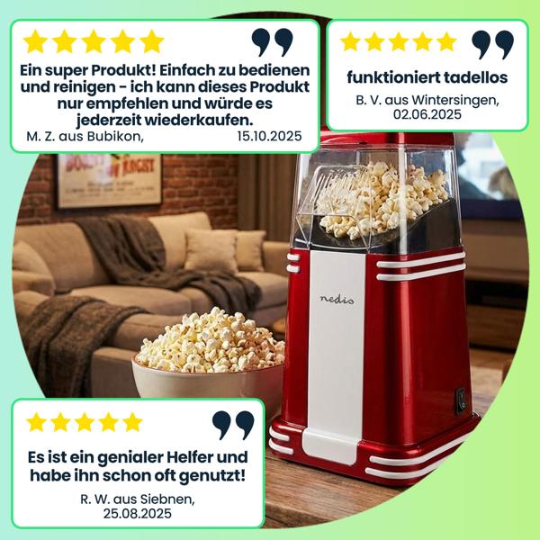 Nostalgie Popcorn Maker, rot-weiss, Heissluft – 15x29x17cm, Retro Design, für schnelles, fettarmes Popcorn zu Hause